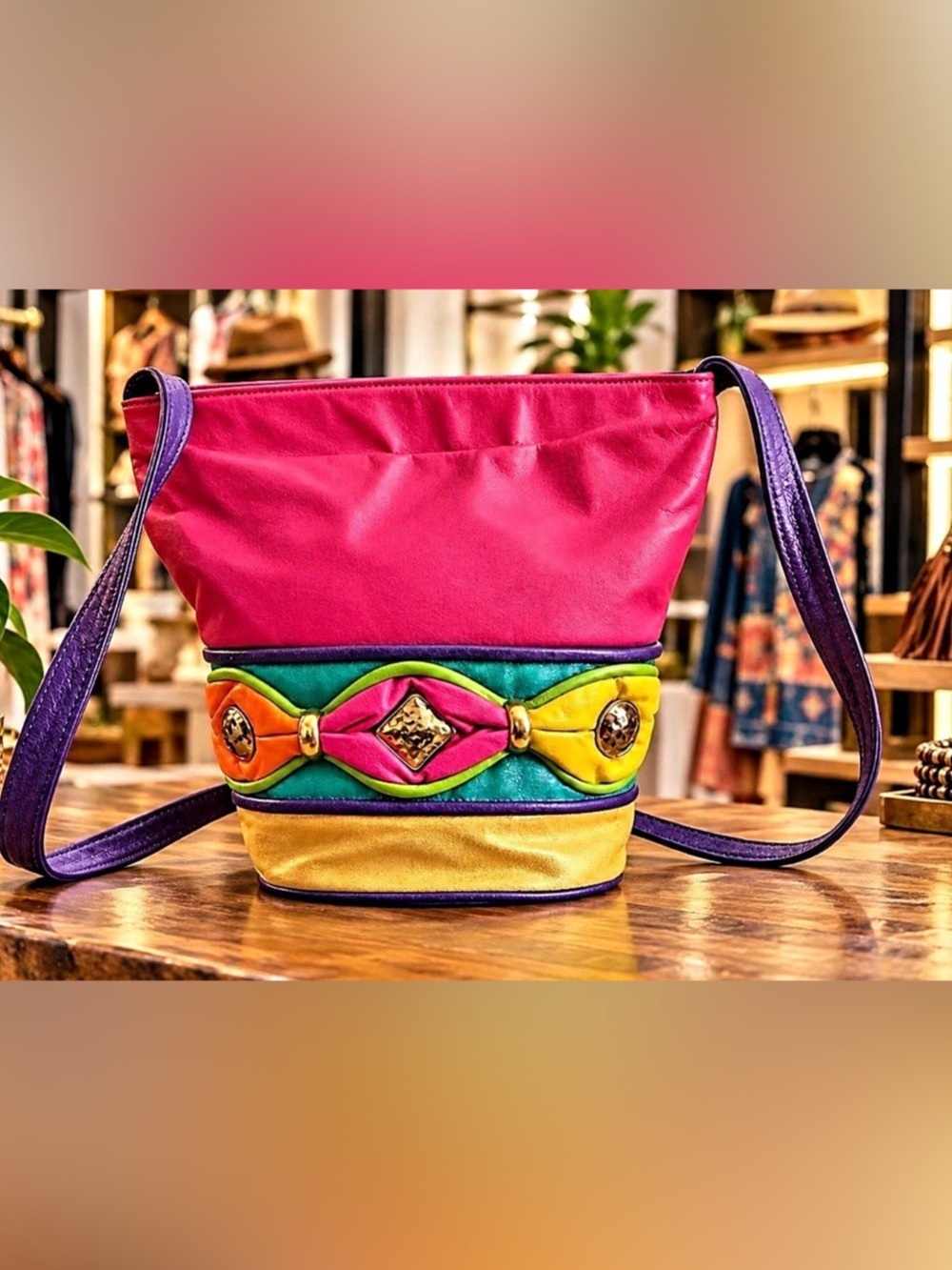 Vintage Color Block Crossbody Bag in Pink & Purple Like New